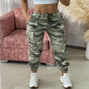 위장 인쇄 Drawstring 포켓 디자인 카고 바지 여성 중반 허리 카고 슬림 펜슬 바지