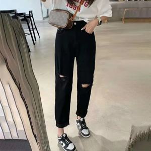 하이웨이스트 스키니진 여성 여름용 얇은 루즈핏 탄력있는 홀 펀칭 블랙 9부 스트레이트 레그 팬츠 스몰 사이즈