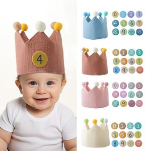 아기 면화 생일 모자 세트 아이 1-9 년 크라운 모직 공 머리띠 모자 아이 파티 사진 유아 생일 선물