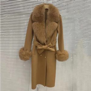여성용 롱 울 캐시미어 혼방 코트, 2024 더블 브레스트 벨트 아우터, 커프, 리얼 여우 모피 칼라, 패션 겨울 재킷, 신상