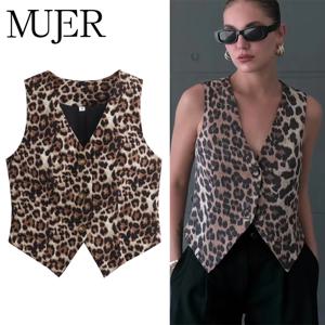 MUJER 레오파드 프린트 여성용 조끼 크롭 민소매 조끼 여성 패션 짧은 자켓 여성 streetwear 여성 코트