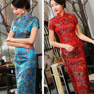 플러스 사이즈 중국 스타일 Qipao 섹시한 여성 치파오 빈티지 클래식 만다린 칼라 중국 원피스 브로케이드 꽃 긴 베스티도
