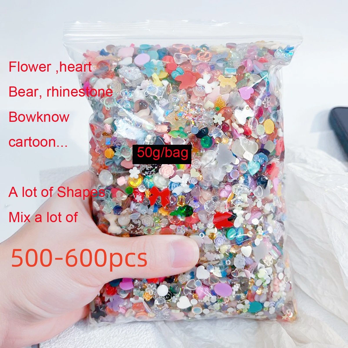 50g 3D 무작위 혼합 수지 활/다이아몬드 네일 아트 매력 만화 모양 하트/꽃/리본 라인 석 귀여운 DIY 매니큐어 액세서리