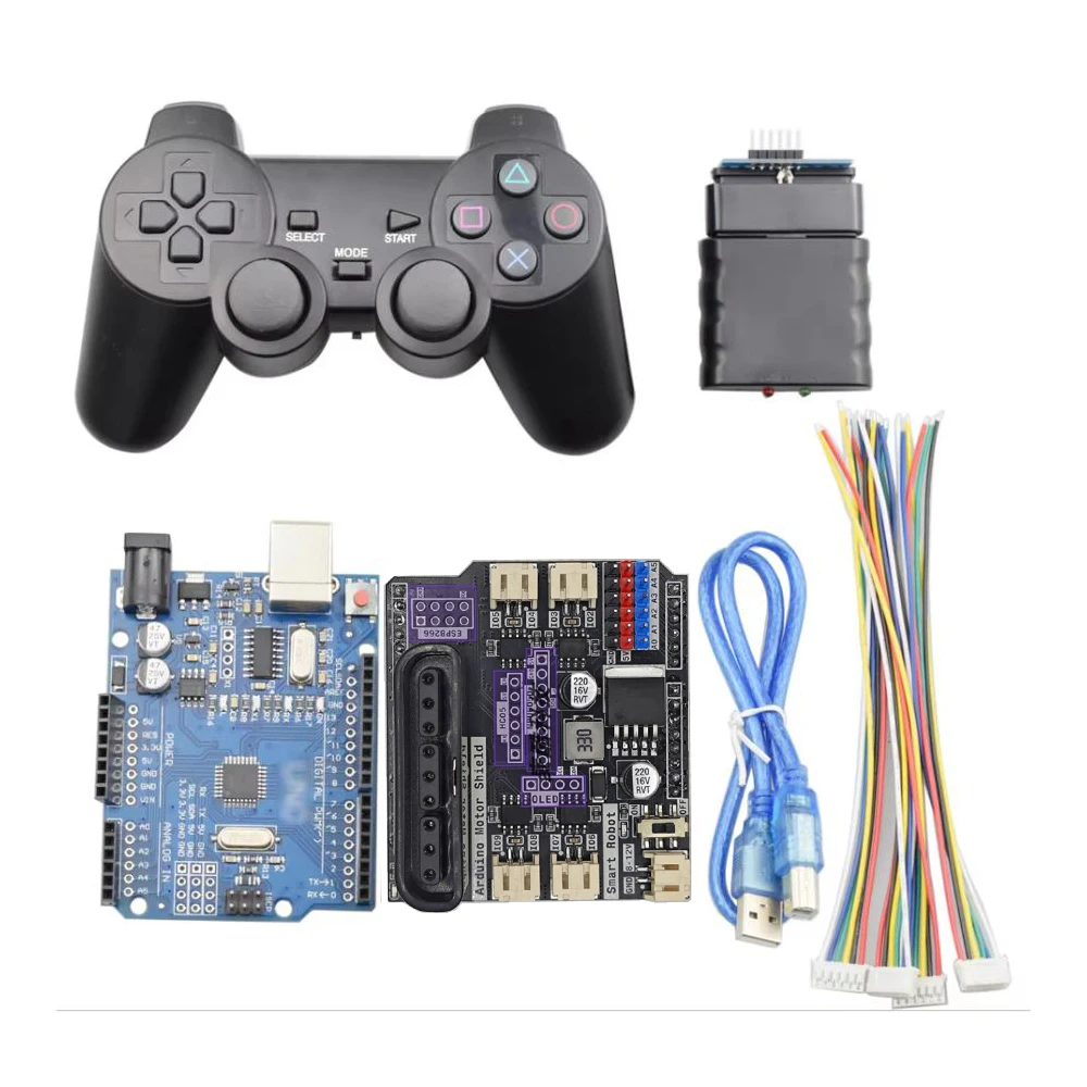 스마트 메카넘 휠 로봇 자동차 로봇 팔 DIY RC 장난감 부품 용 DC 모터 드라이버 보드가있는 Arduino PS2 핸들 RC 컨트롤러
