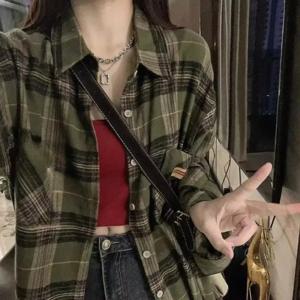 빈티지 짙은 녹색 격자 무늬 셔츠 여성 긴 소매 대형 아메리칸 캐주얼 가을 레이어링 탑 블라우스 코트 자켓