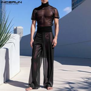 INCERUN 남성용 메쉬 시스루 섹시 터틀넥 반팔 티셔츠 & 팬츠 2PCS 스트릿웨어 여름 2025 패션 남성 정장
