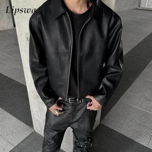 트렌디한 집업 턴다운 칼라 PU 가죽 코트 남성 의류 클래식 솔리드 컬러 가죽 재킷 남성 가을 빈티지 아우터