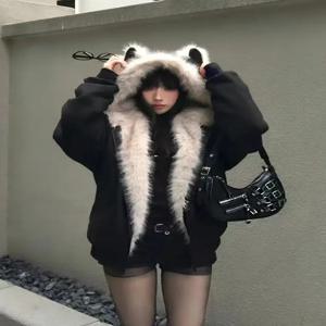 Y2K 스트리트웨어 후드 파카 여성 겨울 플러시 따뜻한 고양이 귀 BF 지퍼 재킷 코트 아메리칸 빈티지 핫티 여성 아우터웨어 신상품