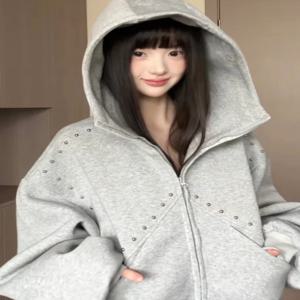 오리지널 디자인 리벳 패치워크 후드티 남성용 가을 미국 하이 스트리트 니치 커플 오픈 가디건 재킷 루즈핏 캥거루 포켓