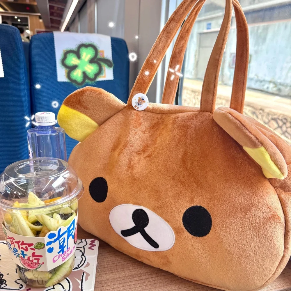 귀여운 리락쿠마 플러시 토트백 귀여운 갈색 흰색 곰 만화 핸드백 부드러운 캐주얼 숄더백 여성용 대용량