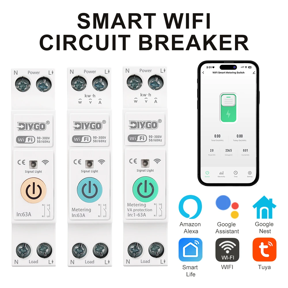 투야 WIFI 스마트 회로 차단기 1P+N 과전압/과전류/전력 보호기 저전압 보호 음성 원격 제어 스위치