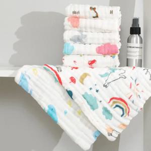 5Pcs 어린이 6 레이어 순수 코튼 스퀘어 타월, 세척된 부드러운 통기성 인쇄 손수건 타월, 재사용 가능한 흡수성 페이스 클로트