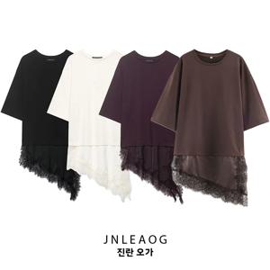 세련된 스트리트 스타일 레이스 패치워크 티셔츠 여성 슬림핏 긴팔 라운드넥 캐주얼 탑 JNLEAOG 가을 신상품