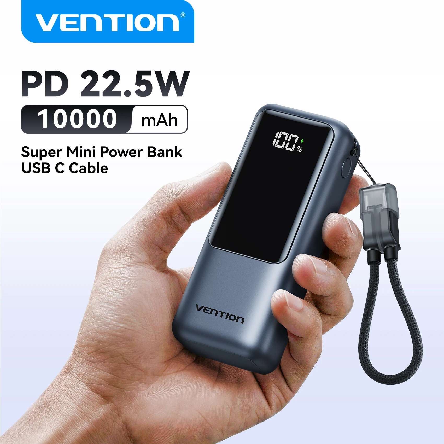 벤션 10000mAh 미니 보조배터리 22.5w 휴대용 충전기 내장 USB C 케이블 PD 3.0 고속 충전 아이폰 17 삼성 S25 S24용