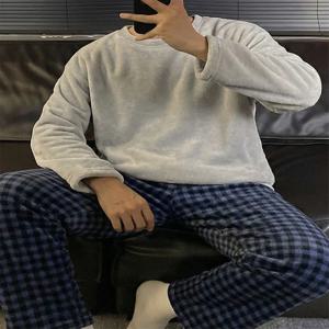 남성용 산호 양털 잠옷 두꺼운 플란넬 홈웨어 세트 캐주얼 루즈핏 가을 겨울 따뜻한 잠옷 라운드넥 스웨트셔츠