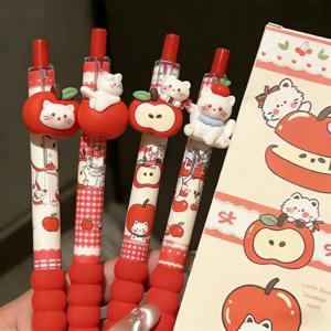 4개입 귀여운 사과 고양이 젤 펜 0.5mm 검정 잉크 젤 펜 부드러운 그립 학생용 필기구 귀여운 문구 학교 사무용품