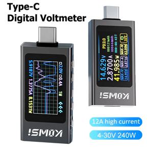 Type-C 전류 및 전압 모니터 DC 3.3-36V 0-12A 전력계 프로토콜 감지기 IPS 디지털 전류계 전압계 충전기 테스터