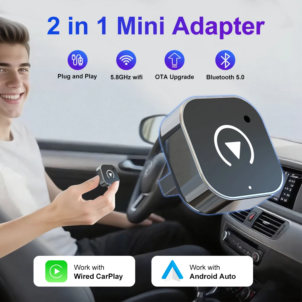 2026 2in1 CarPlay/안드로이드 오토 어댑터 유선에서 무선으로 변환하는 동글 (애플 & 안드로이드용) 플러그 앤 플레이 범용 자동차 액세서리 최신 제품
