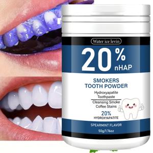 20% 하이드록시아파타이트 치약. 흡연자용 스피어민트 맛. 연기, 커피 얼룩을 제거합니다. 미백 및 에나멜 보호. 50g 순중량.