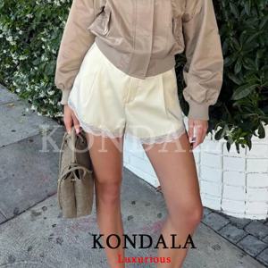 KONDALA 빈티지 캐주얼 세련된 여성 반바지 세련된 노란색 레이스 포켓 지퍼 반바지 새로운 패션 2026 봄 여름 휴가 반바지
