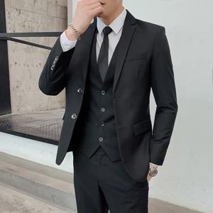 솔리드 컬러 슈트 남성 패셔너블한 신사 비즈니스 연회 한국식 정장 드레스 캐주얼 웨딩 (블레이저+조끼+바지)