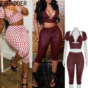 FAGADOER 섹시한 여성 3 피스 세트 복장 폴카 도트 프린트 패치 워크 반소매 크롭 탑과 바지 매칭 여성 streetwear new