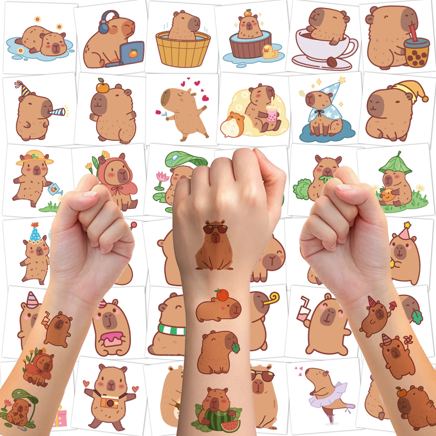 Capybara 임시 문신 스티커 - Capybara 생일 파티 장식 호의 용품 귀여운 동물 문신 스티커 선물 Ca