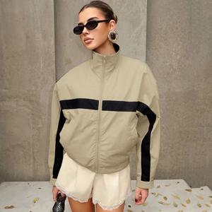 Linad Street Chic 카키 스탠드 칼라 지퍼 자켓 2026 캐주얼 긴 소매 겉옷 여성 패션 루즈 코트 여성용 신규