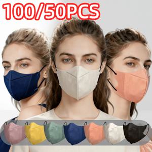 100/50개입/3D 3차원 멀티 컬러 일회용 4겹 마스크, 개별 포장, 얼굴 윤곽에 맞는 곡선형 디자인, 두꺼운 탄성 이어 루프 및 코 브릿지 클립 포함, 대량 구매 가능, 여행, 야외 활동, 일상 착용, 파티, 사무실 사용에 적합