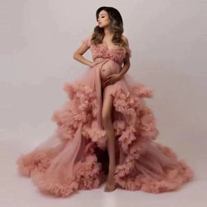 사진 촬영을위한 핑크 Tulle 출산 공 가운 섹시한 베이비 샤워 임신 한 여자 드레스 긴 여성 임신 사진 의류