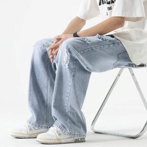 남성 여름 찢어진 청바지 느슨한 스트레이트 다리 레트로 남성 그리기 로프 포트 패션 브랜드 모든 경기 캐주얼 바지