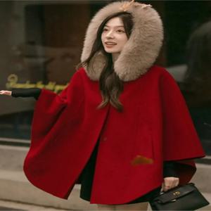 여성용 양면 양모 망토 코트, 탈부착식 모피 후드 오버코트, 리얼 여우 모피 칼라, 따뜻한 재킷, 겨울 의류, 2024 신상