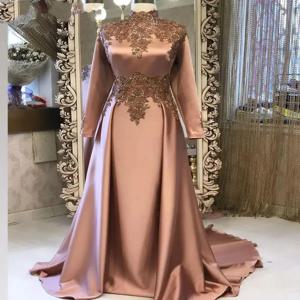 맞춤형 Vestidos De Noche 하이 넥 레이스 아플리케 댄스 파티 드레스 우아한 긴 소매 바닥 길이 정장 이브닝 파티 가운