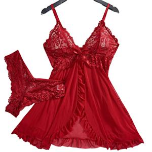 투명 빨간 섹시 란제리 여성 속옷 잠옷 레이스 Nightdress 및 팬티 Pijamas 세트 여성 섹시한 Nighty를 통해 볼