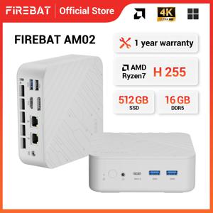 FIREBAT AM02 미니 PC AMD Ryzen 7 H255 DDR5 16GB RAM M.2 PCIe 512GB SSD WiFi6 BT5.2 1000M LAN 휴대용 Windows11 데스크탑 컴퓨터