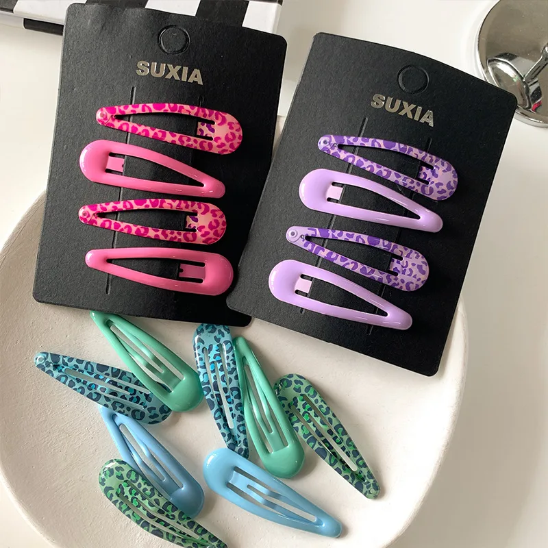 4PCS 패션 레오파드 인쇄 어린이 소녀 헤어 클립 단순 캔디 컬러 바레트 어린이 BB 클립 헤어 액세서리 모자를 쓰고 있죠