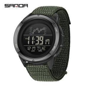 SANDA 군사 스포츠 남자 시계 나일론 스트랩 LED 디지털 디스플레이 다기능 알람 시계 카운트다운 방수 남자 손목 시계