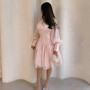 맞춤형 A라인 프롬 드레스 무릎 길이 하이넥 풀 슬리브 이브닝 패션 플리츠 심플 드레이프 파티