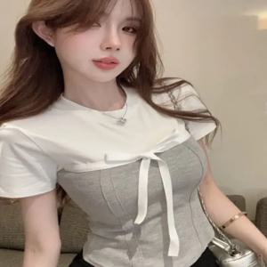 노트 페이크 투피스 숄더 반팔 티셔츠 여성 여름 순수하고 아름다운 짧은 피쉬본 유니크하고 아름다운 유니크하고 아름다운