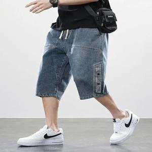 8XL 여름 남성 청바지 데님 바지 종아리 길이 캐주얼 반바지 워시 코튼 드로우 스트링 스트레이트 카프리 바지 빅 사이즈