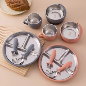 5PCS 스테인리스 스틸 식기 접시 아기 식사 세트 (탈착식 실리콘 흡착판 포함) BPA 프리 유아용 포크 스푼 컵 선물