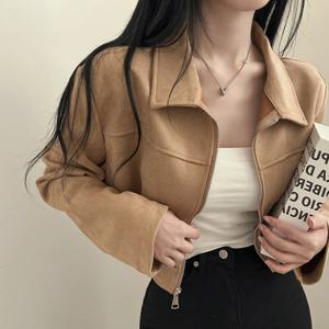 시크한 빈티지 가죽 벨벳 긴팔 루즈핏 스탠드 칼라 지퍼 숏 재킷 여성 패션 출퇴근 스타일 레귤러 슬리브