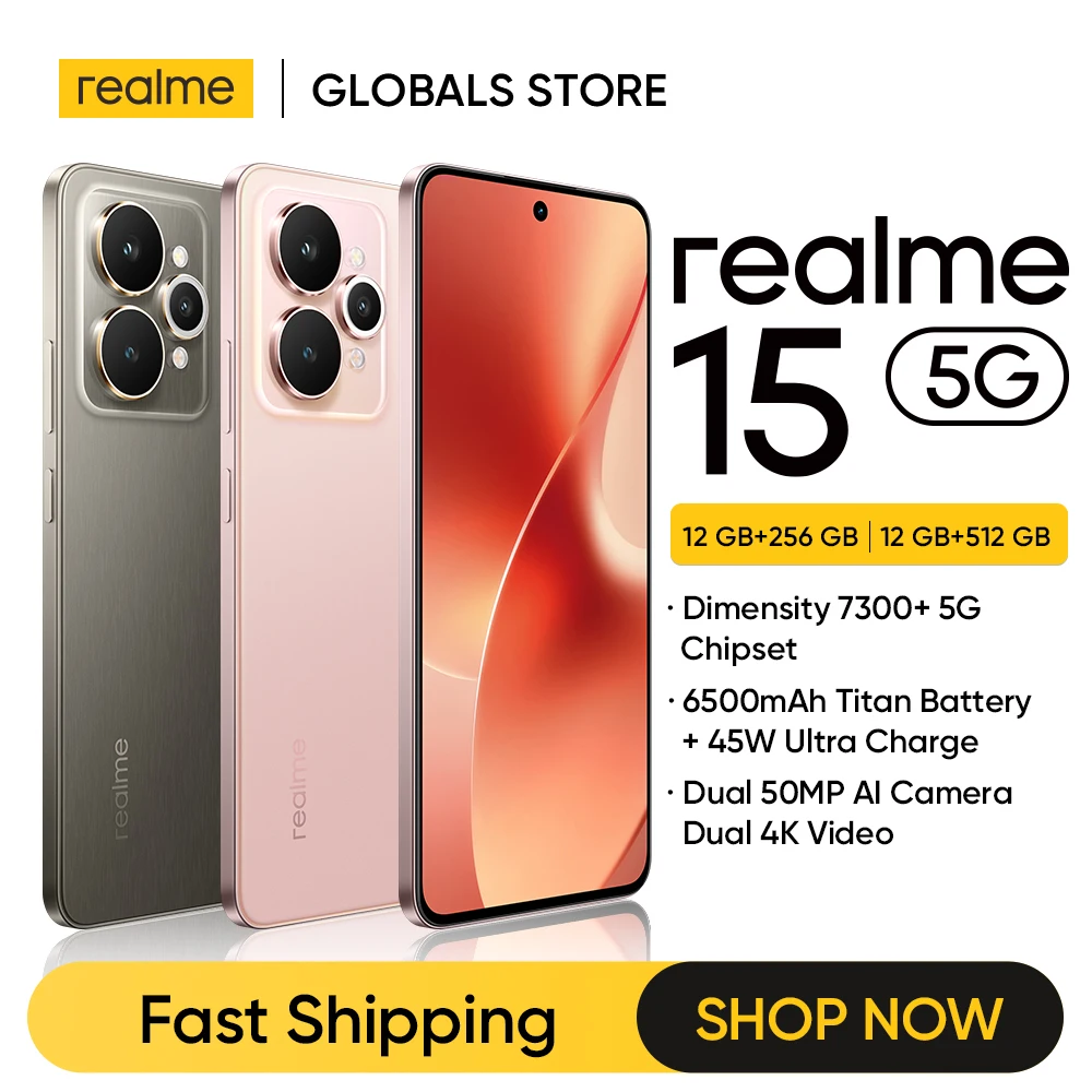 리얼미 15 5G 스마트폰 디멘시티 7300+ 5G 칩셋 6500mAh 배터리 45W 충전 6.77인치 144Hz AMOLED 디스플레이 듀얼 50MP 카메라 NFC