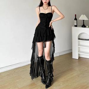 섹시한 스파게티 스트랩 러플 언밸런스 바디콘 파티 클럽 이브닝 드레스 여성 메쉬 멜빵 봄 여름 휴가 비치웨어