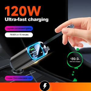 120W 접이식 차량용 충전기, 루프 스타라이트 USB C 케이블 고속 충전기, 아이폰, 화웨이, 삼성용 시거잭 어댑터