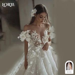 LORIE 빈티지 레이스 짧은 반짝 이는 웨딩 드레스 3D 꽃 오프 숄더 미니 공주 신부 가운 연인 신부 가운 맞춤형