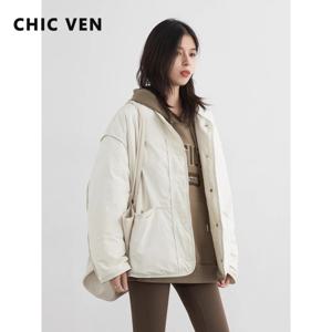 CHIC VEN 여성 다운 코트 심플 루즈 텍스처 라운드 넥 다운 재킷 90% 화이트 덕 다운 재킷 가을 겨울 2025
