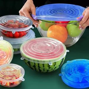 6Pcs 실리콘 신선 유지 커버 재사용 가능한 스트레치 통조림 뚜껑 냉장고 전자 레인지 밀폐 플라스틱 랩 주방 악세사리
