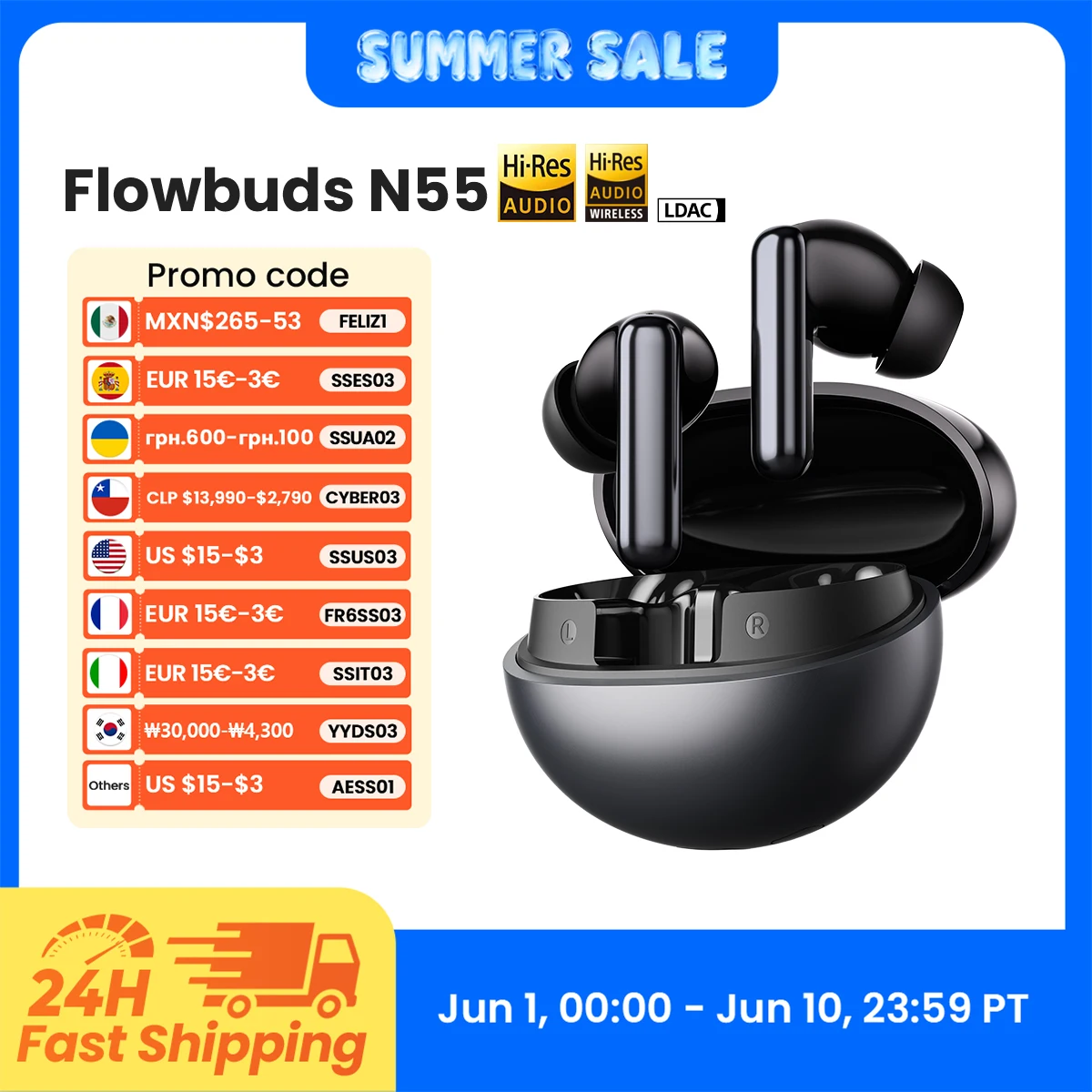 HAYLOU Flowbuds N55 무선 이어버드 54dB 적응형 ANC 블루투스 6.0 LDAC 고해상도 오디오 6-마이크 HD 통화 이어폰 40시간 재생 IPX5