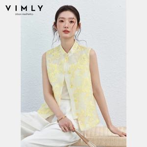 VIMLY 여성 조끼 2026 여름 캐주얼 노란색 꽃 자수 스탠드 칼라 새로운 중국 스타일 민소매 자켓 여성 A5251